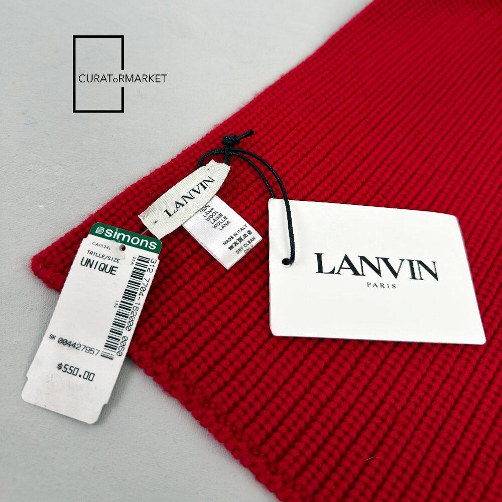 Lanvin: Iconic Embroidered Text Logo Knitted Wool Luxury Scarf FW26 - Picture 6 of 7
